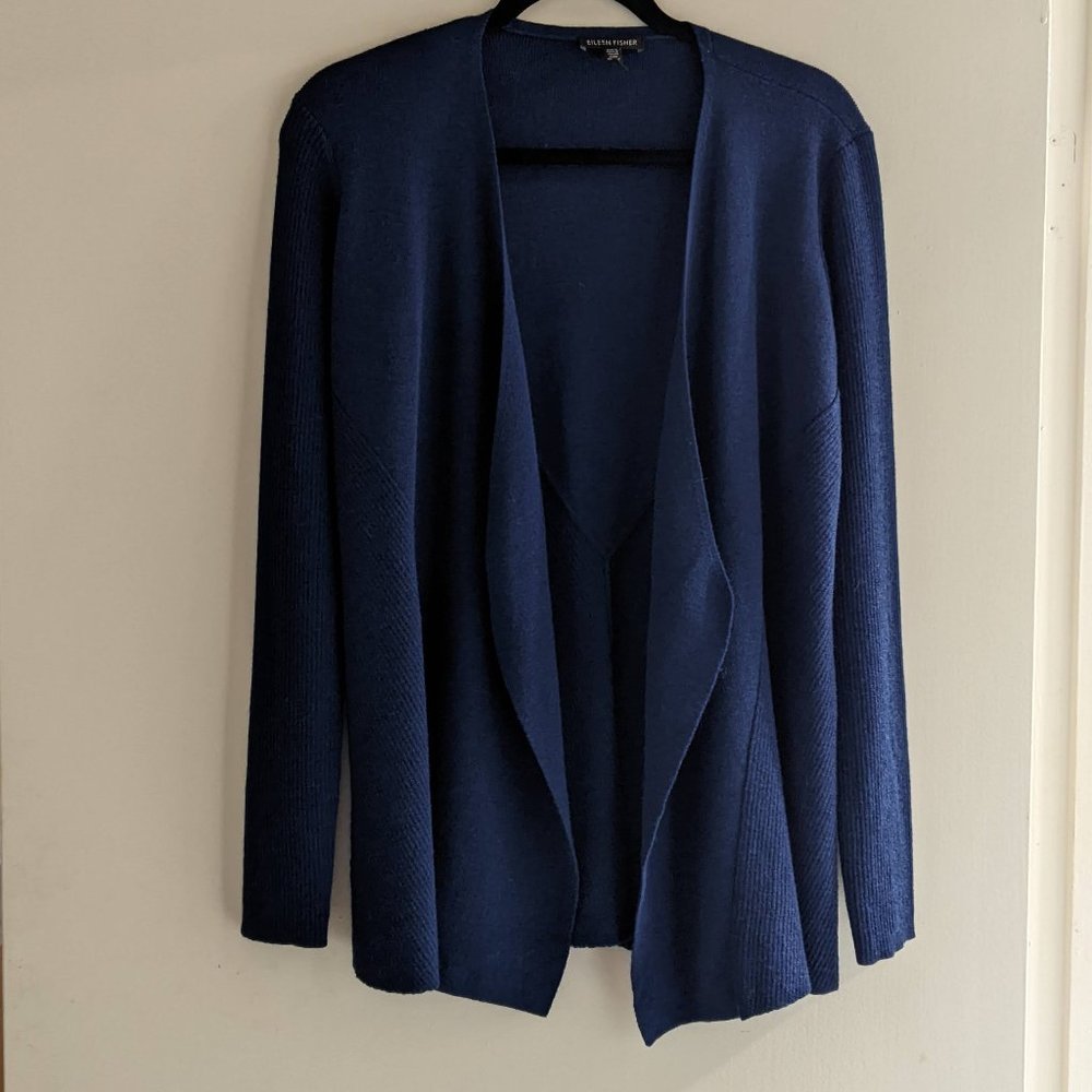 Eileen Fisher  100% Wool Navy Blue Wool Cardigan with ribbed detail  S/P